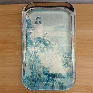 Vintage glass Enesco paperweight foil lighthouse crashing waves